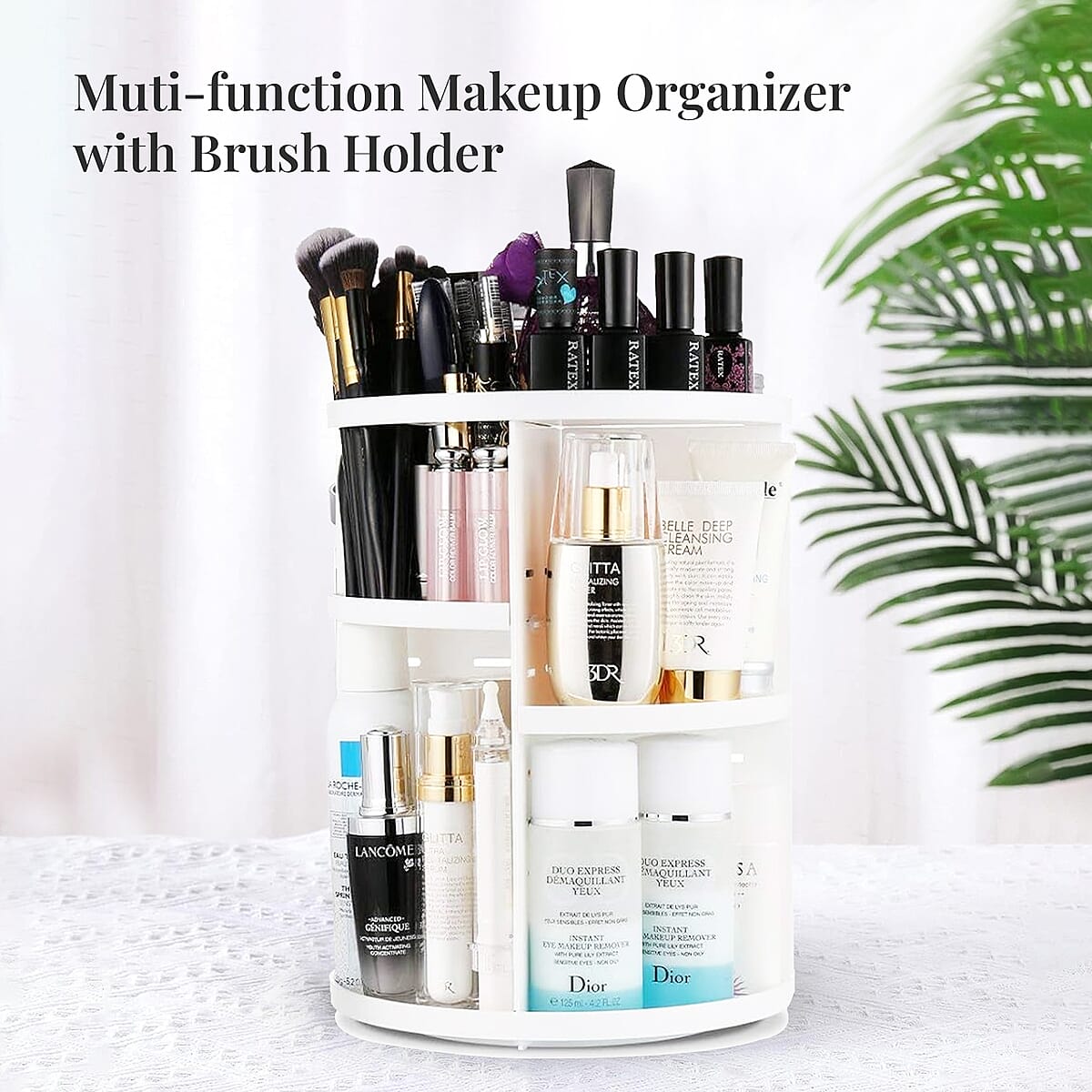 White 360 Degree Rotating Adjustable Multi-function Makeup Organizer with Brush Holder image number 1