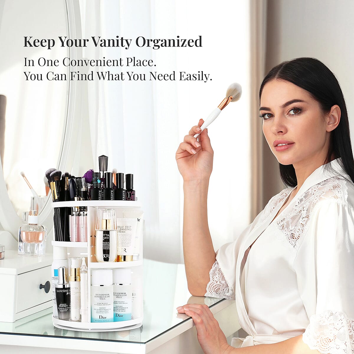 White 360 Degree Rotating Adjustable Multi-function Makeup Organizer with Brush Holder image number 2