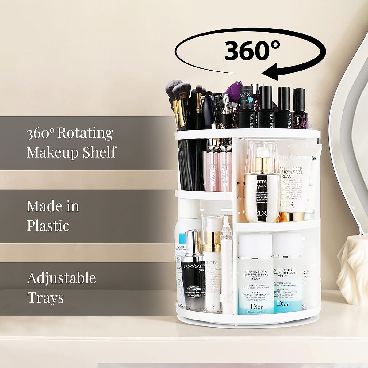 White 360 Degree Rotating Adjustable Multi-function Makeup Organizer with Brush Holder image number 3