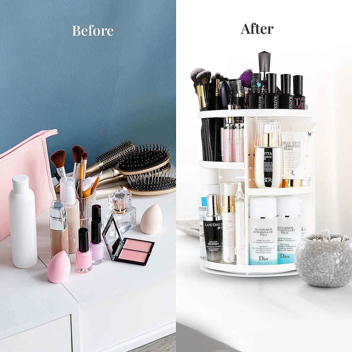 White 360 Degree Rotating Adjustable Multi-function Makeup Organizer with Brush Holder image number 4