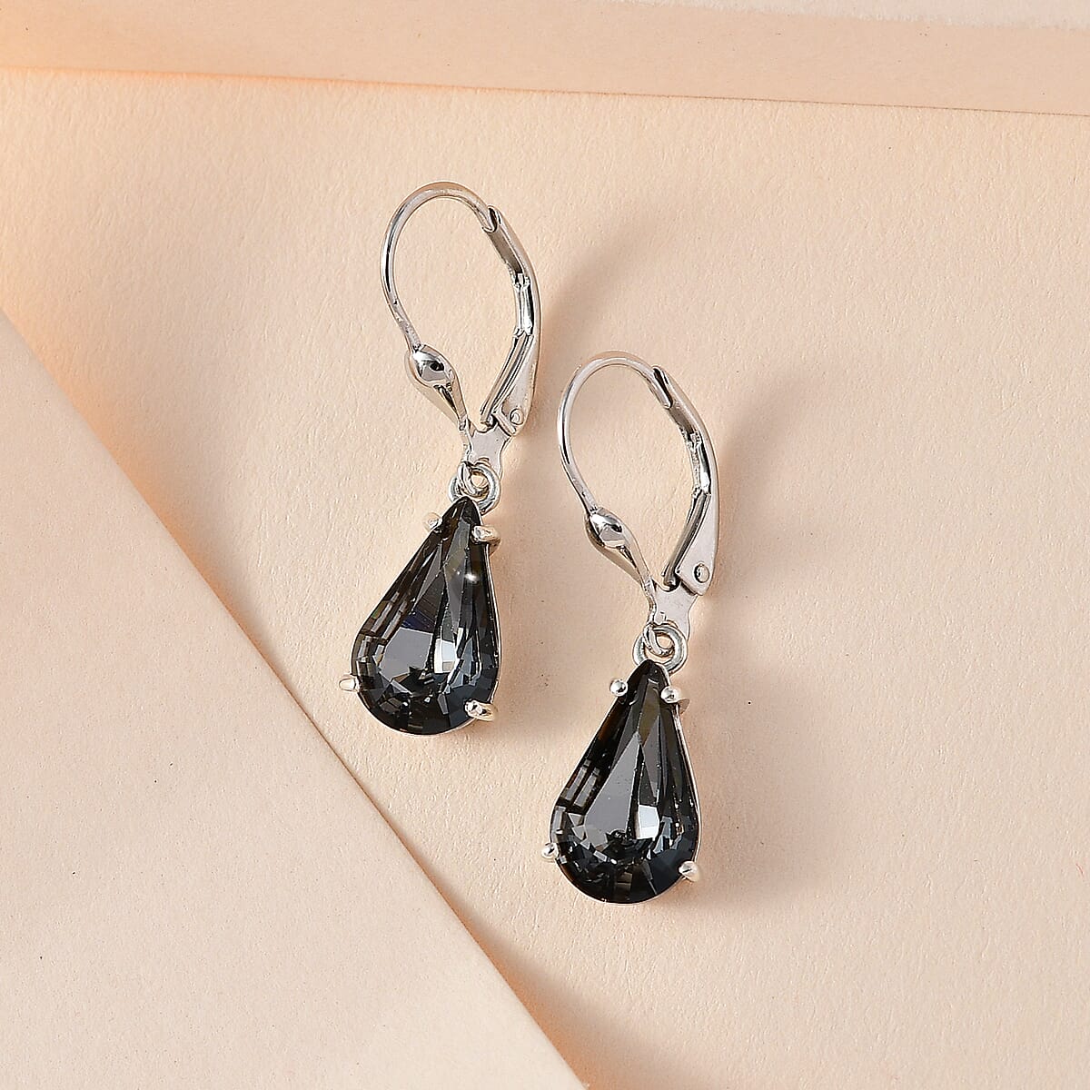 Designer Premium Silver Night Austrian Crystal Solitaire Lever Back Earrings in Platinum Over Sterling Silver image number 1