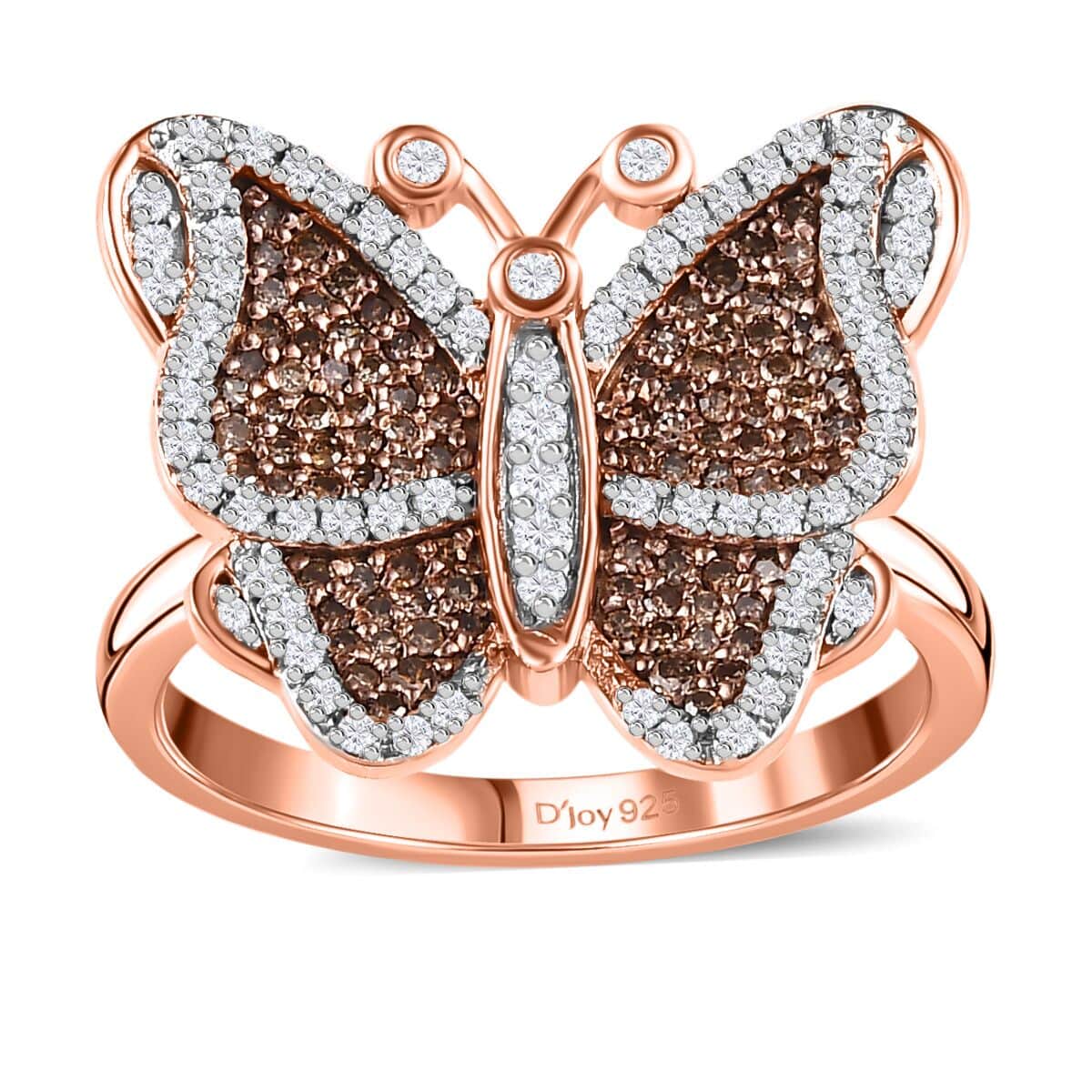 Natural Champagne and White Diamond Butterfly Ring in Vermeil Rose Gold Over Sterling Silver (Size 10.0) 0.75 ctw image number 0