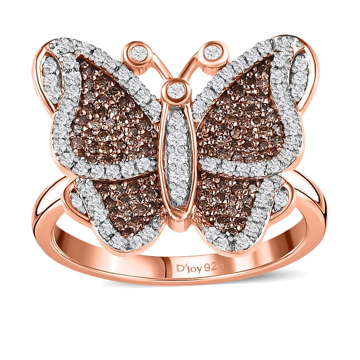 Natural Champagne and White Diamond Butterfly Ring in Vermeil Rose Gold Over Sterling Silver (Size 10.0) 0.75 ctw image number 0