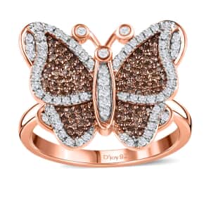 Natural Champagne and White Diamond Butterfly Ring in Vermeil Rose Gold Over Sterling Silver (Size 10.0) 0.75 ctw