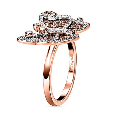 Natural Champagne and White Diamond Butterfly Ring in Vermeil Rose Gold Over Sterling Silver (Size 10.0) 0.75 ctw