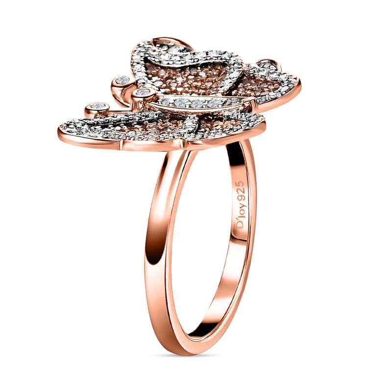 Natural Champagne and White Diamond Butterfly Ring in Vermeil Rose Gold Over Sterling Silver (Size 10.0) 0.75 ctw