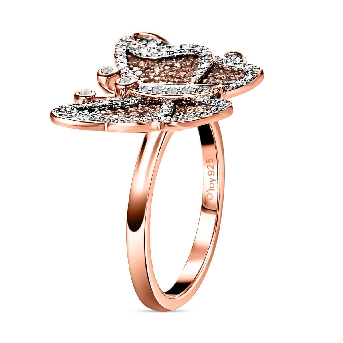 Natural Champagne and White Diamond Butterfly Ring in Vermeil Rose Gold Over Sterling Silver (Size 10.0) 0.75 ctw image number 3