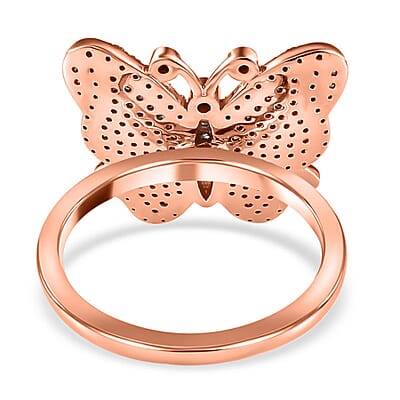 Natural Champagne and White Diamond Butterfly Ring in Vermeil Rose Gold Over Sterling Silver (Size 10.0) 0.75 ctw