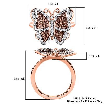 Natural Champagne and White Diamond Butterfly Ring in Vermeil Rose Gold Over Sterling Silver (Size 10.0) 0.75 ctw
