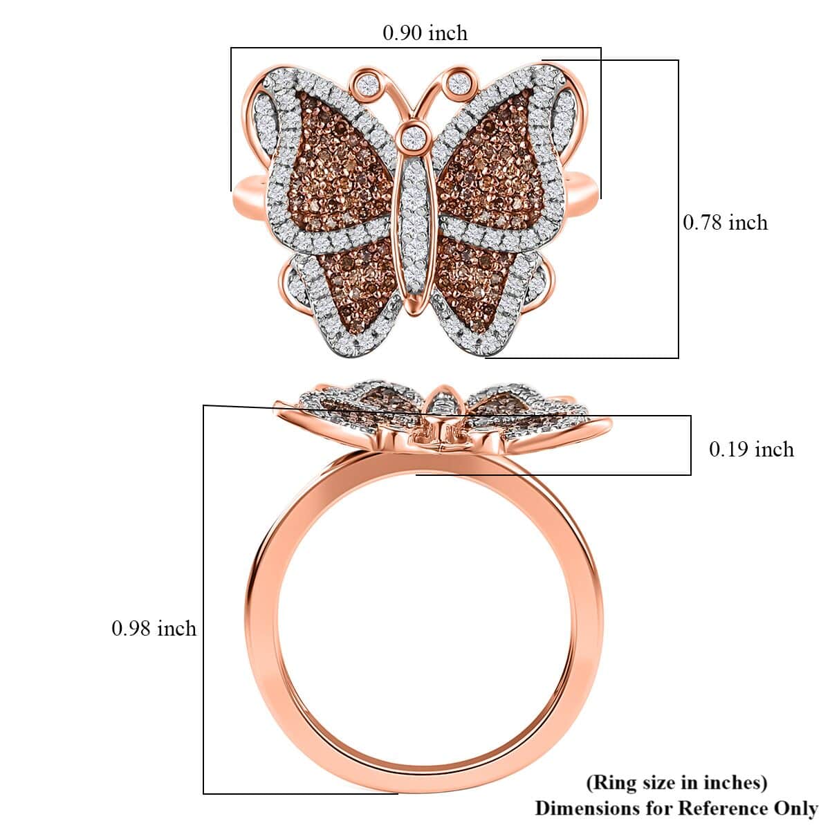 Natural Champagne and White Diamond Butterfly Ring in Vermeil Rose Gold Over Sterling Silver (Size 10.0) 0.75 ctw image number 5