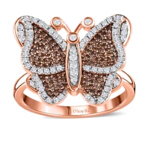 Natural Champagne and White Diamond Butterfly Ring in Vermeil Rose Gold Over Sterling Silver (Size 6.0) 0.75 ctw