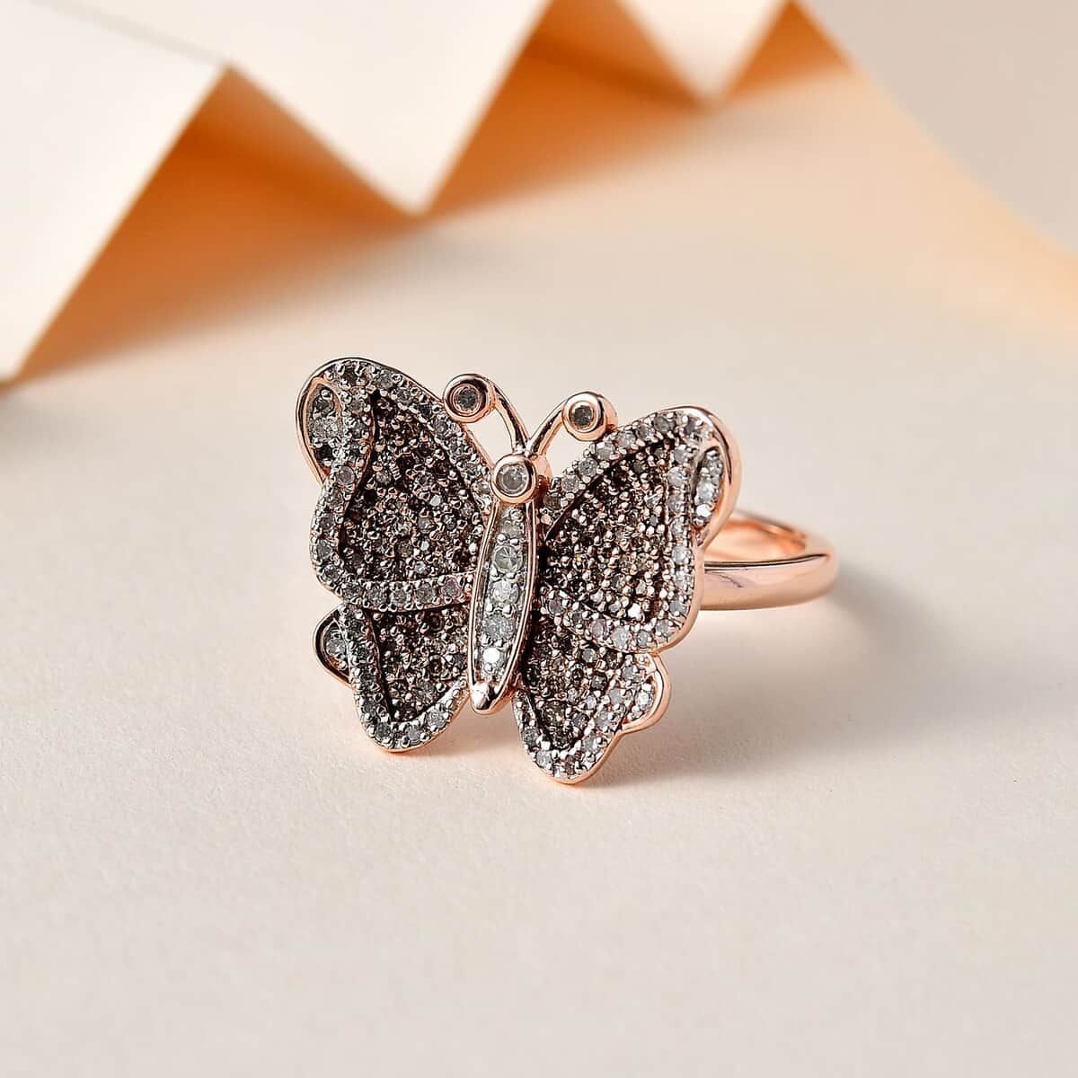 Natural Champagne and White Diamond Butterfly Ring in Vermeil Rose Gold Over Sterling Silver (Size 7.0) 0.75 ctw image number 1