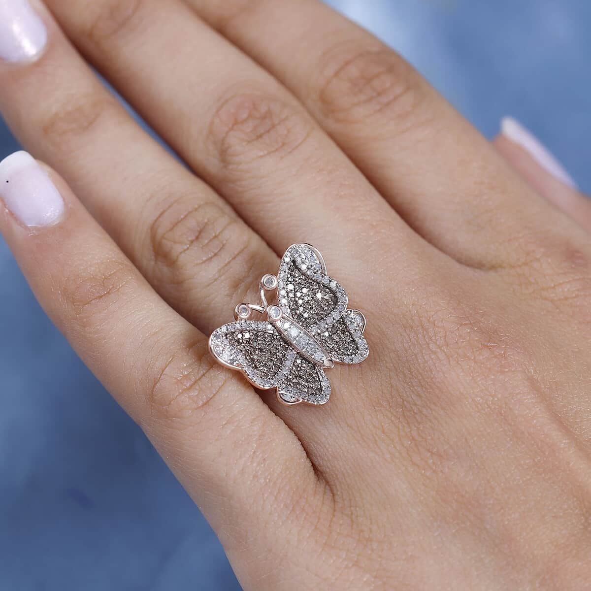 Natural Champagne and White Diamond Butterfly Ring in Vermeil Rose Gold Over Sterling Silver (Size 7.0) 0.75 ctw image number 2