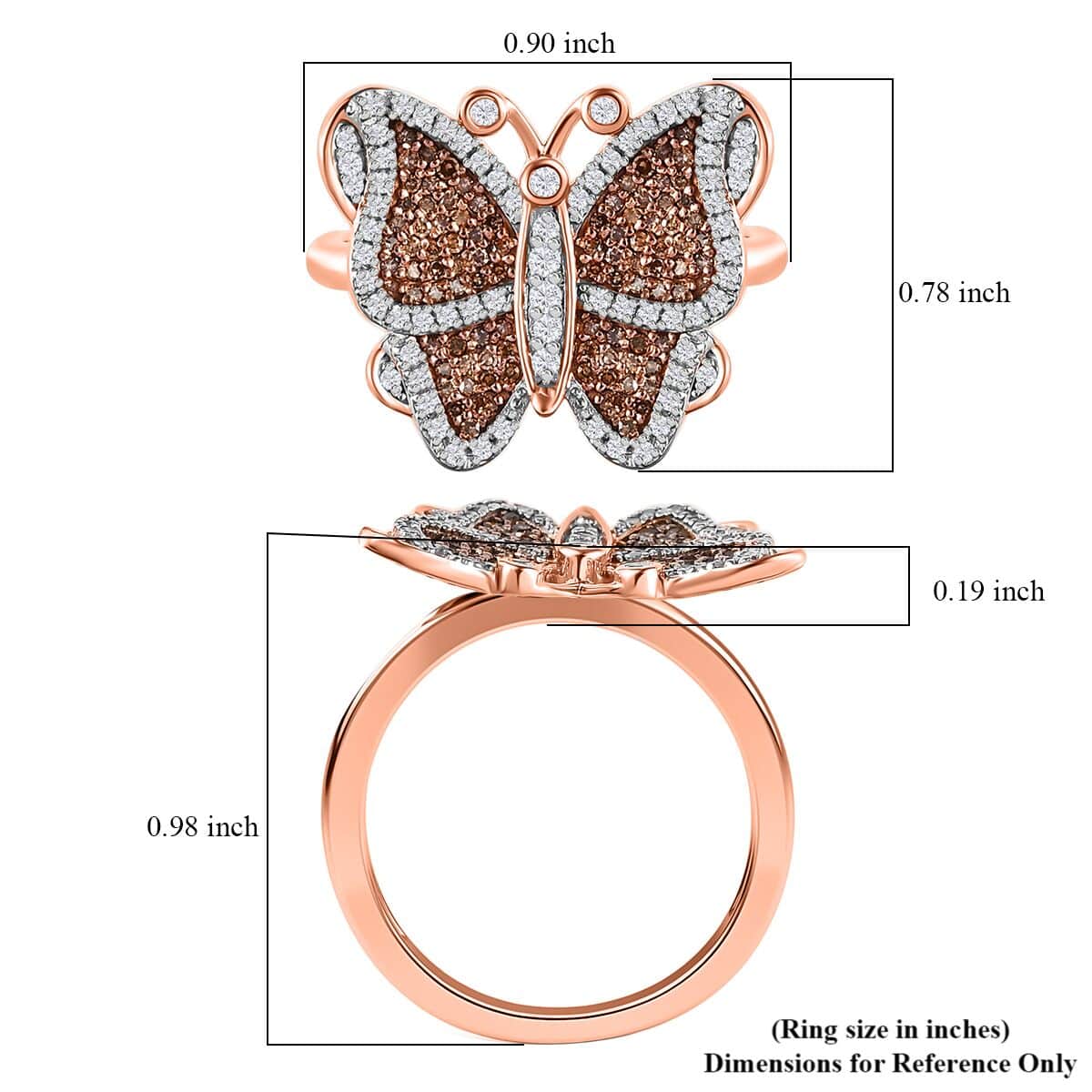 Natural Champagne and White Diamond Butterfly Ring in Vermeil Rose Gold Over Sterling Silver (Size 7.0) 0.75 ctw image number 5