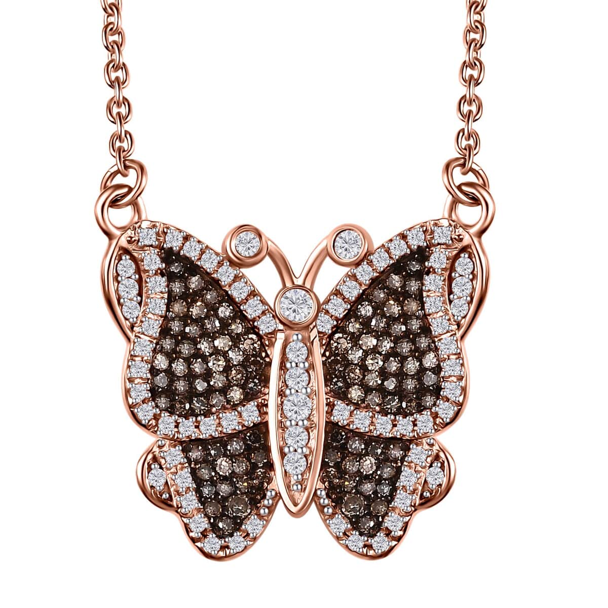 Natural Champagne and White Diamond Butterfly Necklace 18 Inches in Vermeil Rose Gold Over Sterling Silver 0.75 ctw image number 0