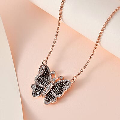Natural Champagne and White Diamond Butterfly Necklace 18 Inches in Vermeil Rose Gold Over Sterling Silver 0.75 ctw