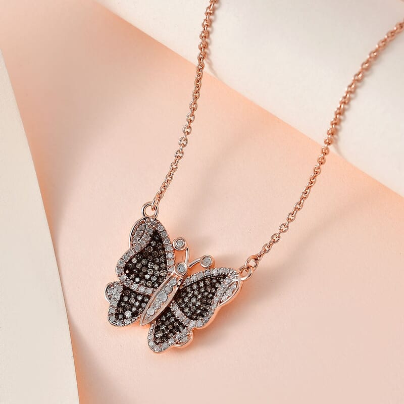 Natural Champagne and White Diamond Butterfly Necklace 18 Inches in Vermeil Rose Gold Over Sterling Silver 0.75 ctw