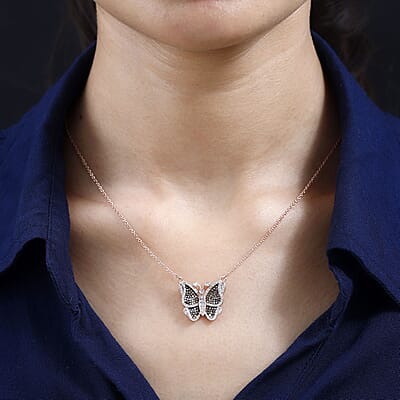 Natural Champagne and White Diamond Butterfly Necklace 18 Inches in Vermeil Rose Gold Over Sterling Silver 0.75 ctw