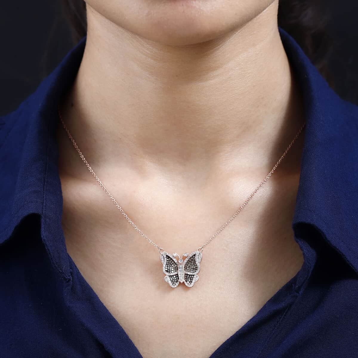 Natural Champagne and White Diamond Butterfly Necklace 18 Inches in Vermeil Rose Gold Over Sterling Silver 0.75 ctw image number 2