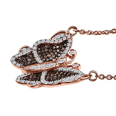 Natural Champagne and White Diamond Butterfly Necklace 18 Inches in Vermeil Rose Gold Over Sterling Silver 0.75 ctw