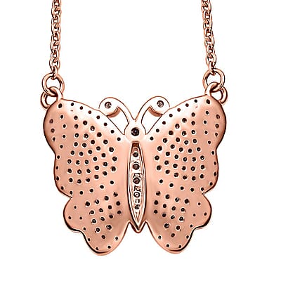 Natural Champagne and White Diamond Butterfly Necklace 18 Inches in Vermeil Rose Gold Over Sterling Silver 0.75 ctw
