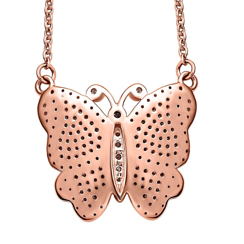 Natural Champagne and White Diamond Butterfly Necklace 18 Inches in Vermeil Rose Gold Over Sterling Silver 0.75 ctw