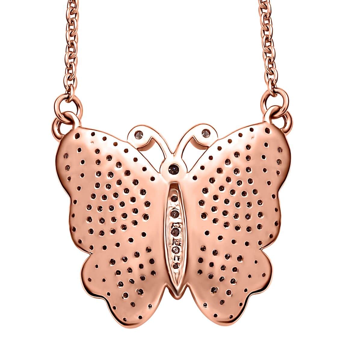 Natural Champagne and White Diamond Butterfly Necklace 18 Inches in Vermeil Rose Gold Over Sterling Silver 0.75 ctw image number 4