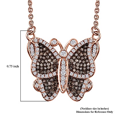 Natural Champagne and White Diamond Butterfly Necklace 18 Inches in Vermeil Rose Gold Over Sterling Silver 0.75 ctw