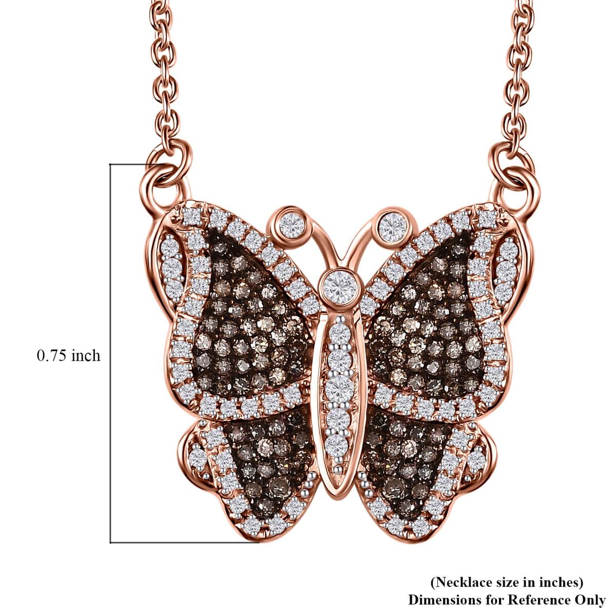 Natural Champagne and White Diamond Butterfly Necklace 18 Inches in Vermeil Rose Gold Over Sterling Silver 0.75 ctw image number 6