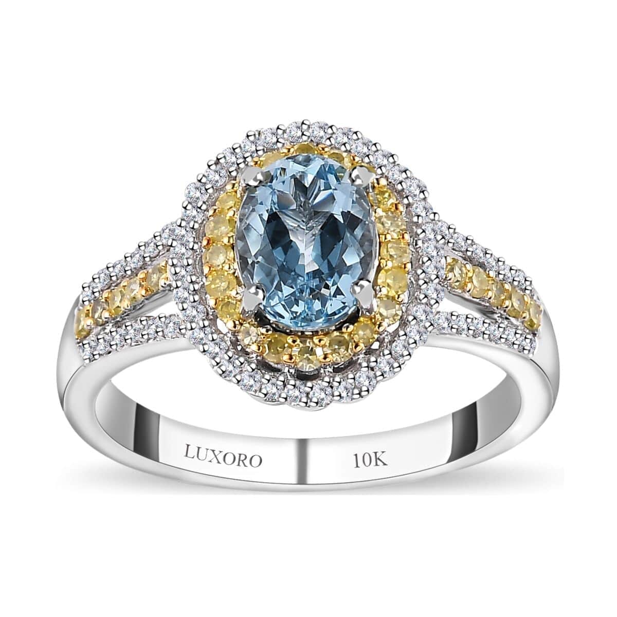 Luxoro 10K White Gold Premium Santa Maria Aquamarine, Natural Yellow and White Diamond I2-I3 Ring (Size 10.0) 4.35 Grams 1.65 ctw image number 0