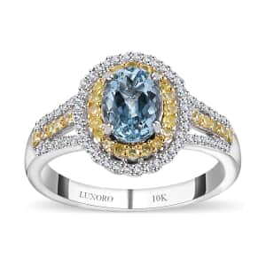 Luxoro 10K White Gold Premium Santa Maria Aquamarine, Natural Yellow and White Diamond I2-I3 Ring (Size 10.0) 4.35 Grams 1.65 ctw