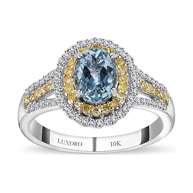 Luxoro Premium Santa Maria Aquamarine, I2-I3 Natural Yellow and White Diamond 1.65 ctw Ring in 10K White Gold (Size 10.0) 4.35 Grams