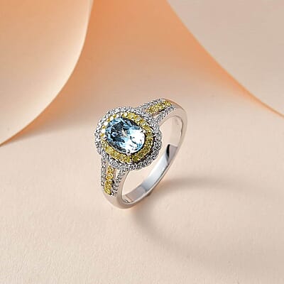 Luxoro Premium Santa Maria Aquamarine, I2-I3 Natural Yellow and White Diamond 1.65 ctw Ring in 10K White Gold (Size 10.0) 4.35 Grams