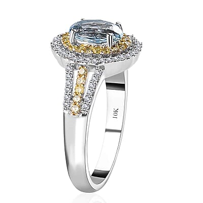 Luxoro Premium Santa Maria Aquamarine, I2-I3 Natural Yellow and White Diamond 1.65 ctw Ring in 10K White Gold (Size 10.0) 4.35 Grams