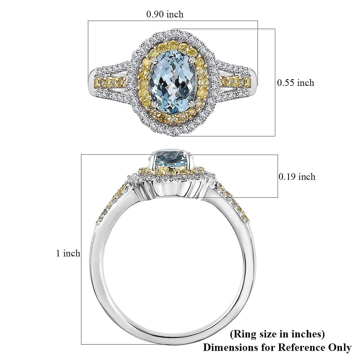 Luxoro Premium Santa Maria Aquamarine, I2-I3 Natural Yellow and White Diamond 1.65 ctw Ring in 10K White Gold (Size 10.0) 4.35 Grams