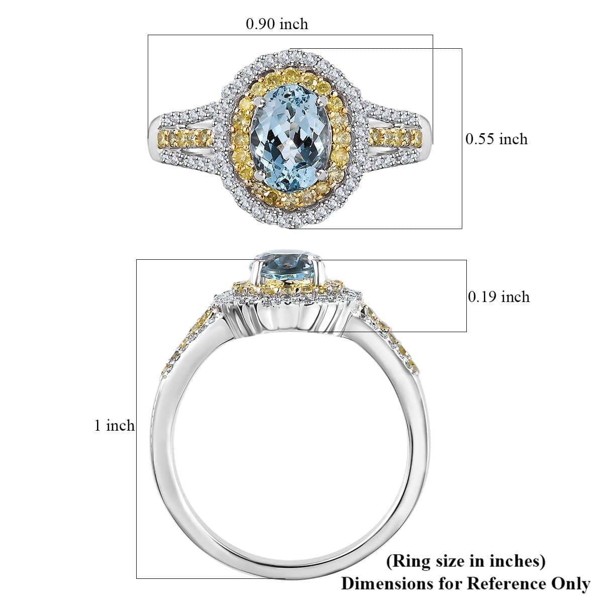 Luxoro Premium Santa Maria Aquamarine, I2-I3 Natural Yellow and White Diamond 1.65 ctw Ring in 10K White Gold (Size 6.0) 4.35 Grams image number 5