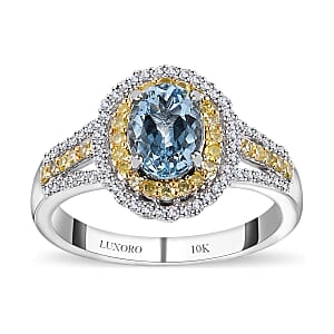 Luxoro Premium Santa Maria Aquamarine, I2-I3 Natural Yellow and White Diamond 1.65 ctw Ring in 10K White Gold (Size 7.0) 4.35 Grams