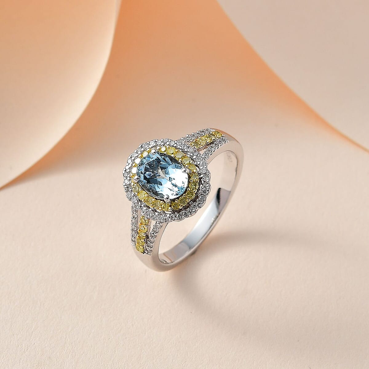 Luxoro Premium Santa Maria Aquamarine, I2-I3 Natural Yellow and White Diamond 1.65 ctw Ring in 10K White Gold (Size 7.0) 4.35 Grams image number 1