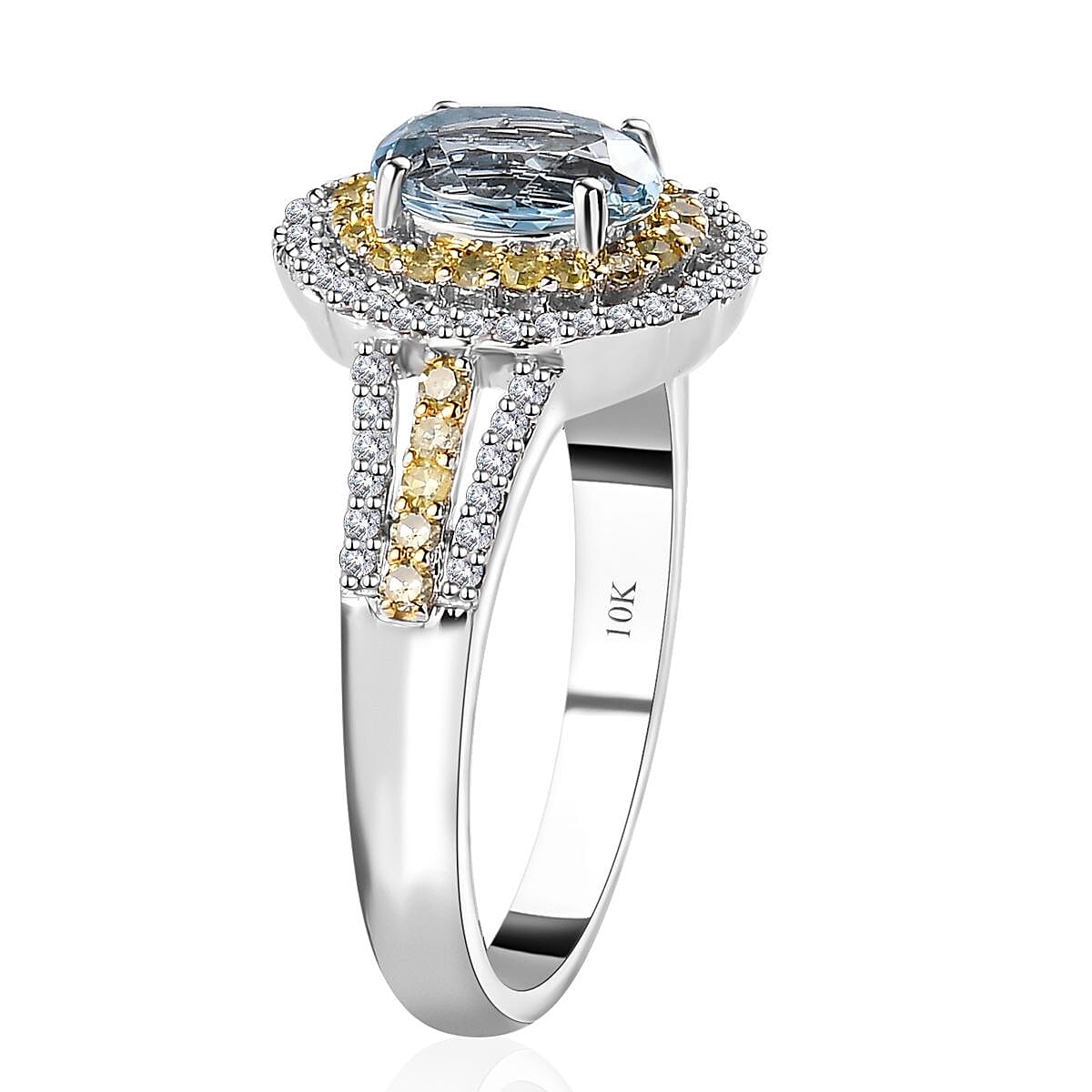 Luxoro Premium Santa Maria Aquamarine, I2-I3 Natural Yellow and White Diamond 1.65 ctw Ring in 10K White Gold (Size 7.0) 4.35 Grams image number 3
