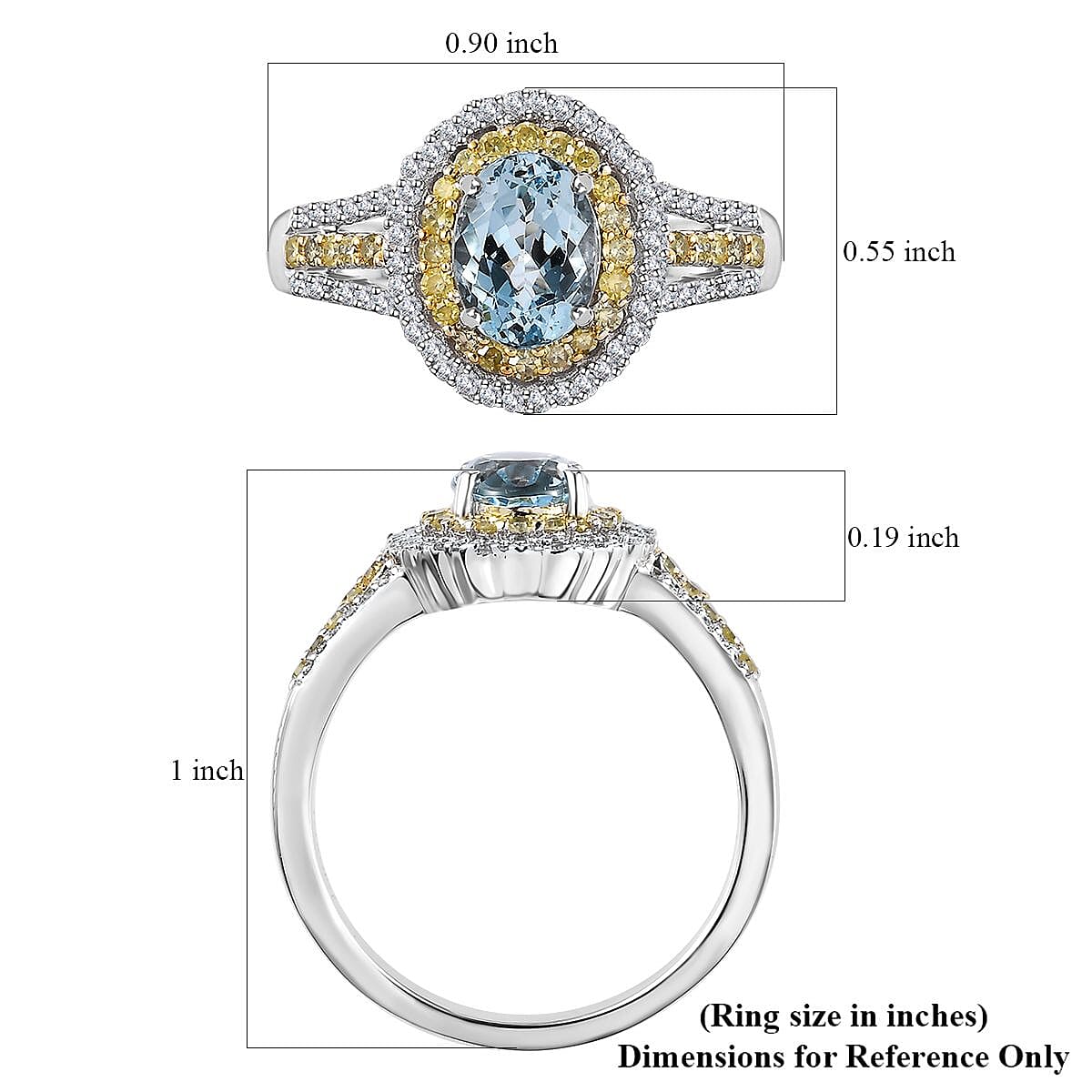 Luxoro Premium Santa Maria Aquamarine, I2-I3 Natural Yellow and White Diamond 1.65 ctw Ring in 10K White Gold (Size 7.0) 4.35 Grams image number 5