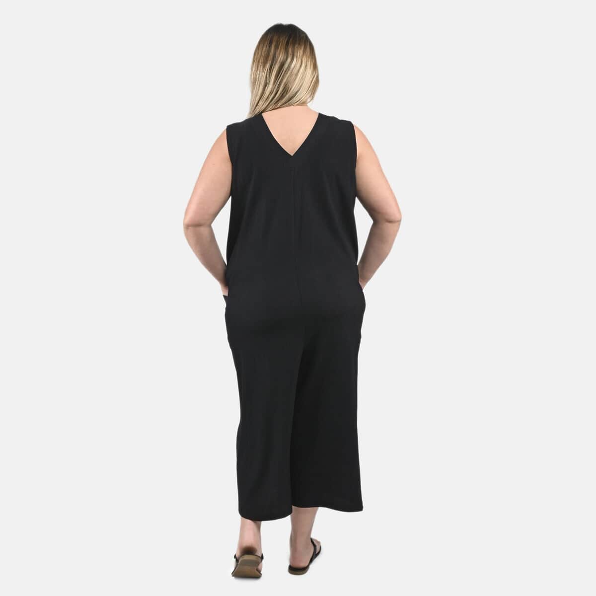 Tamsy Black Solid Textured Double Rib Knit V-Neck Jumpsuit - M image number 1