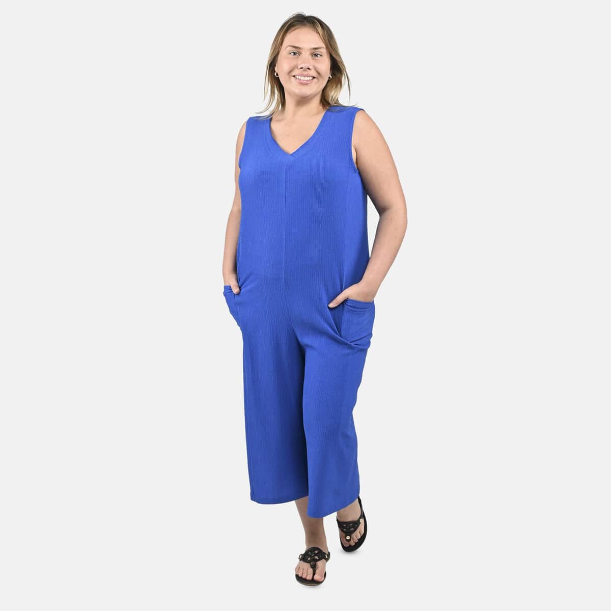 Tamsy Blue Solid Textured Double Rib Knit V-Neck Jumpsuit - S image number 0