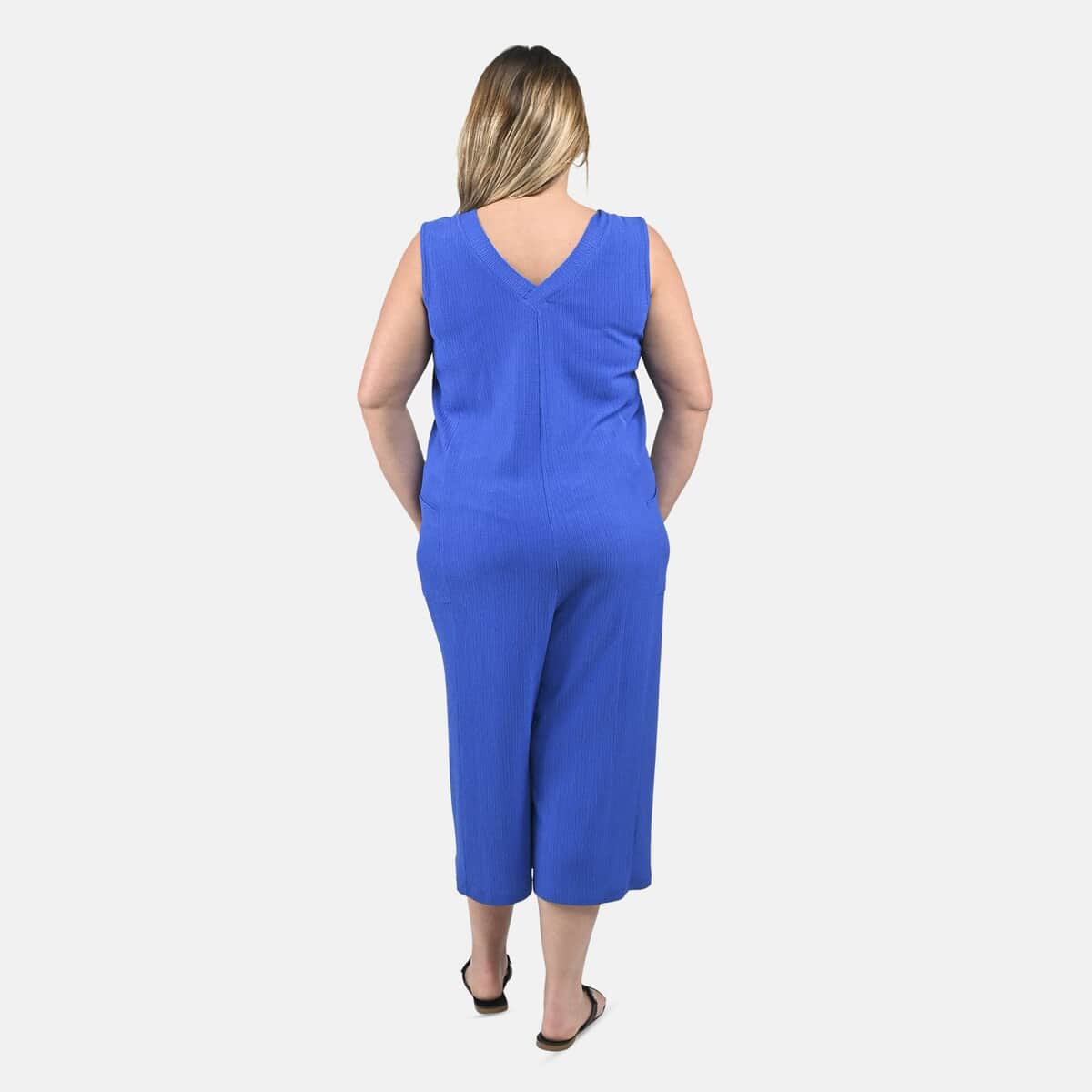 Tamsy Blue Solid Textured Double Rib Knit V-Neck Jumpsuit - M image number 1