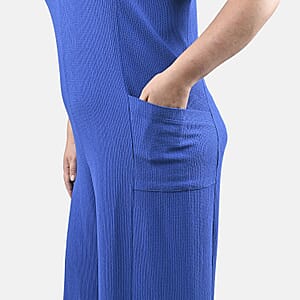 Tamsy Blue Solid Textured Double Rib Knit V-Neck Jumpsuit - M