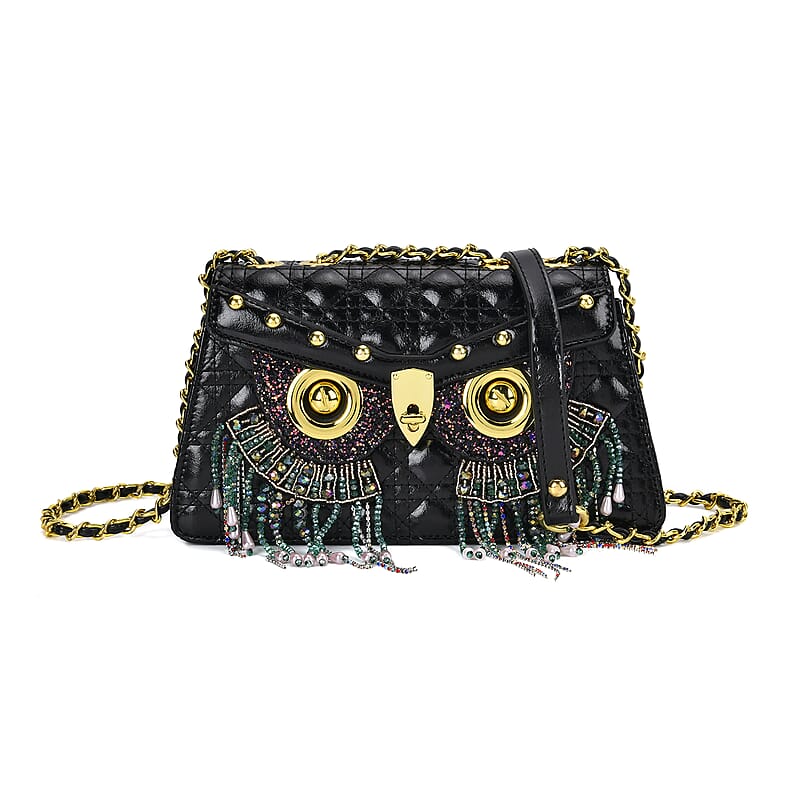 Luyitechuanqi Life Style Black Owl Shape Faux Leather Crossbody Bag with Shoulder Strap