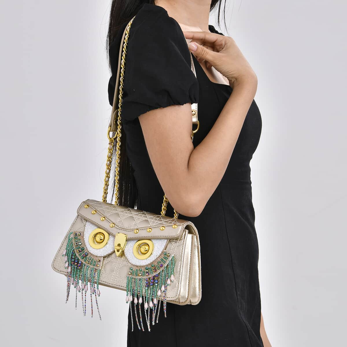 Luyitechuanqi Life Style Gold Owl Shape Faux Leather Crossbody Bag with Shoulder Strap image number 2