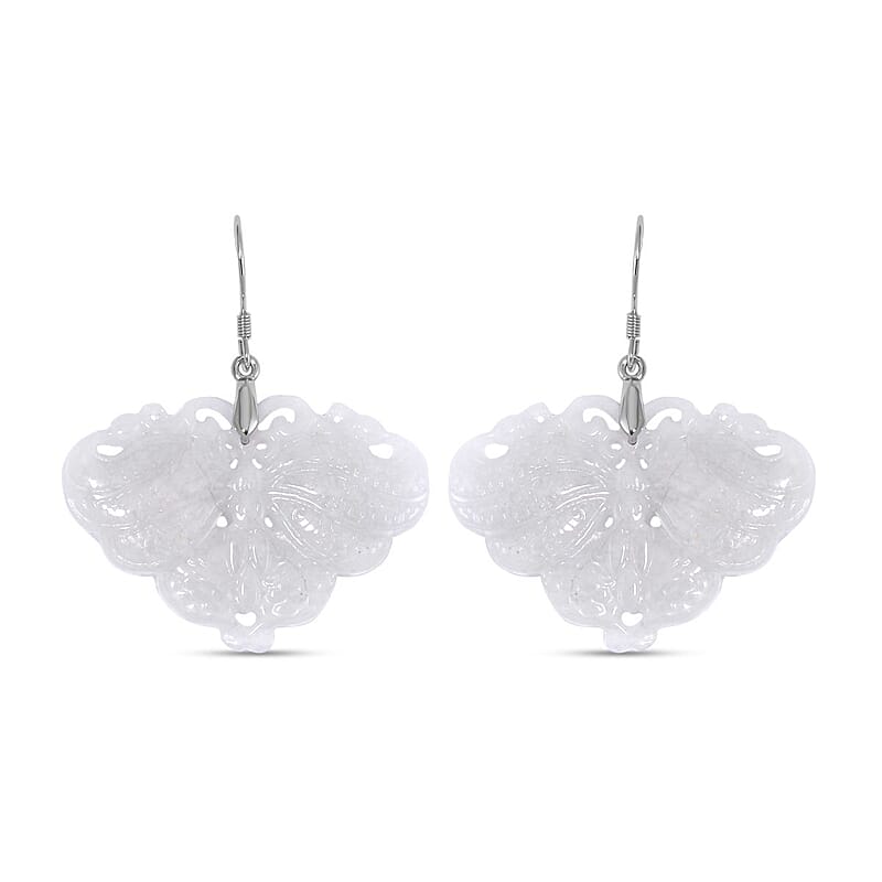 Natural Jade Carved Butterfly Earrings in Rhodium Over Sterling Silver 62.00 ctw
