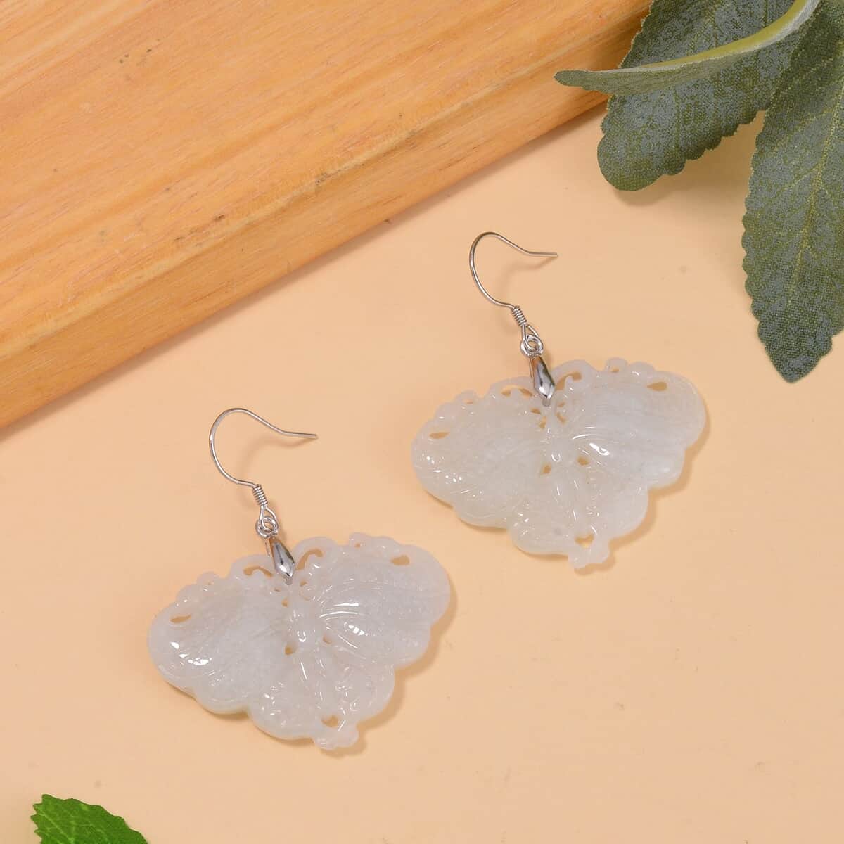 Natural Jade Carved Butterfly Earrings in Rhodium Over Sterling Silver 62.00 ctw image number 1
