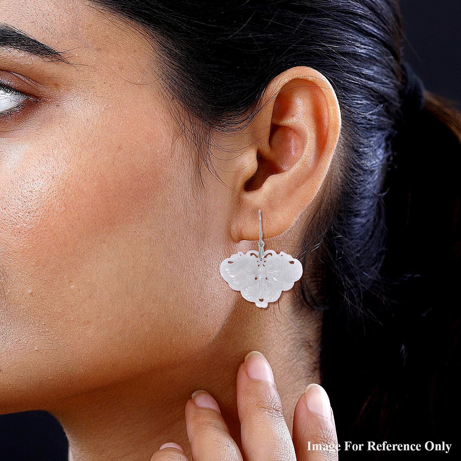 Natural Jade Carved Butterfly Earrings in Rhodium Over Sterling Silver 62.00 ctw