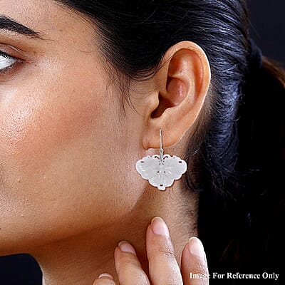 Natural Jade Carved Butterfly Earrings in Rhodium Over Sterling Silver 62.00 ctw